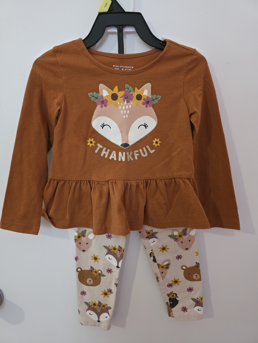 Thankful Fox Peplum Tee & Printed Leggings Set - Rust & Cream